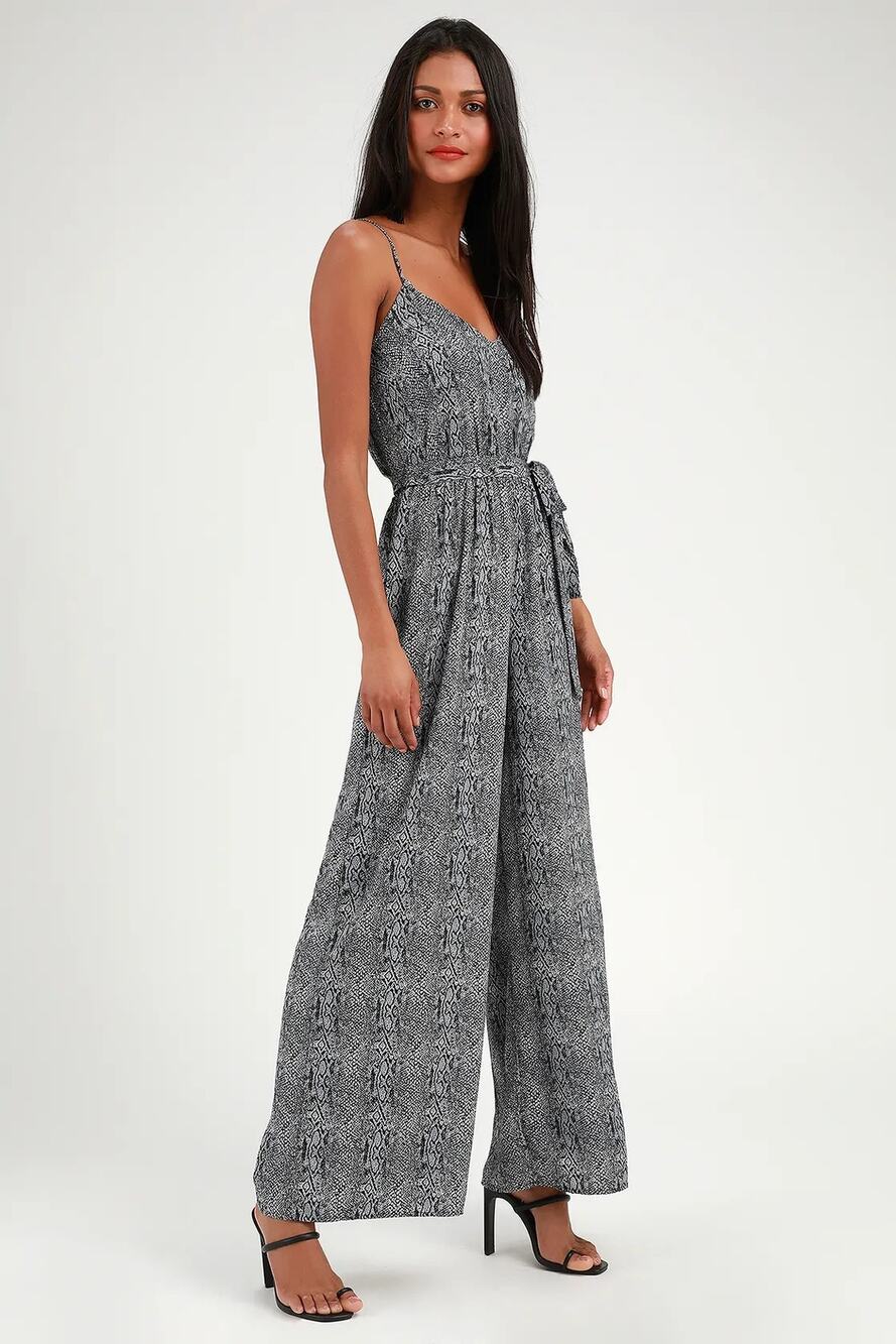 Lulus Liza Navy Blue Snake Print Sleeveless Wide Leg Jumpsuit Large